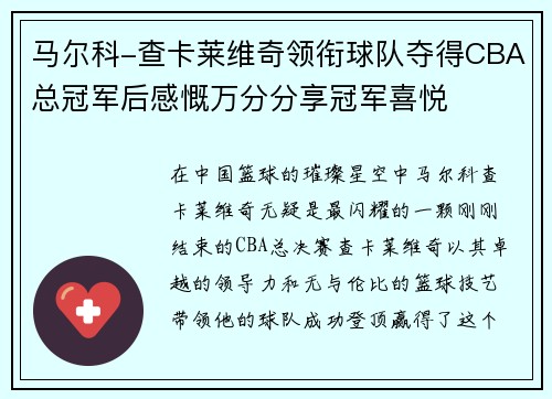 马尔科-查卡莱维奇领衔球队夺得CBA总冠军后感慨万分分享冠军喜悦