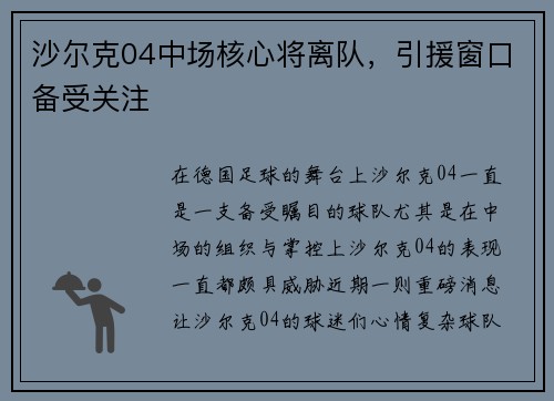 沙尔克04中场核心将离队，引援窗口备受关注