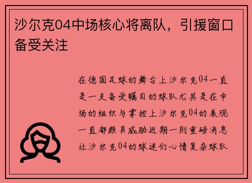 沙尔克04中场核心将离队，引援窗口备受关注